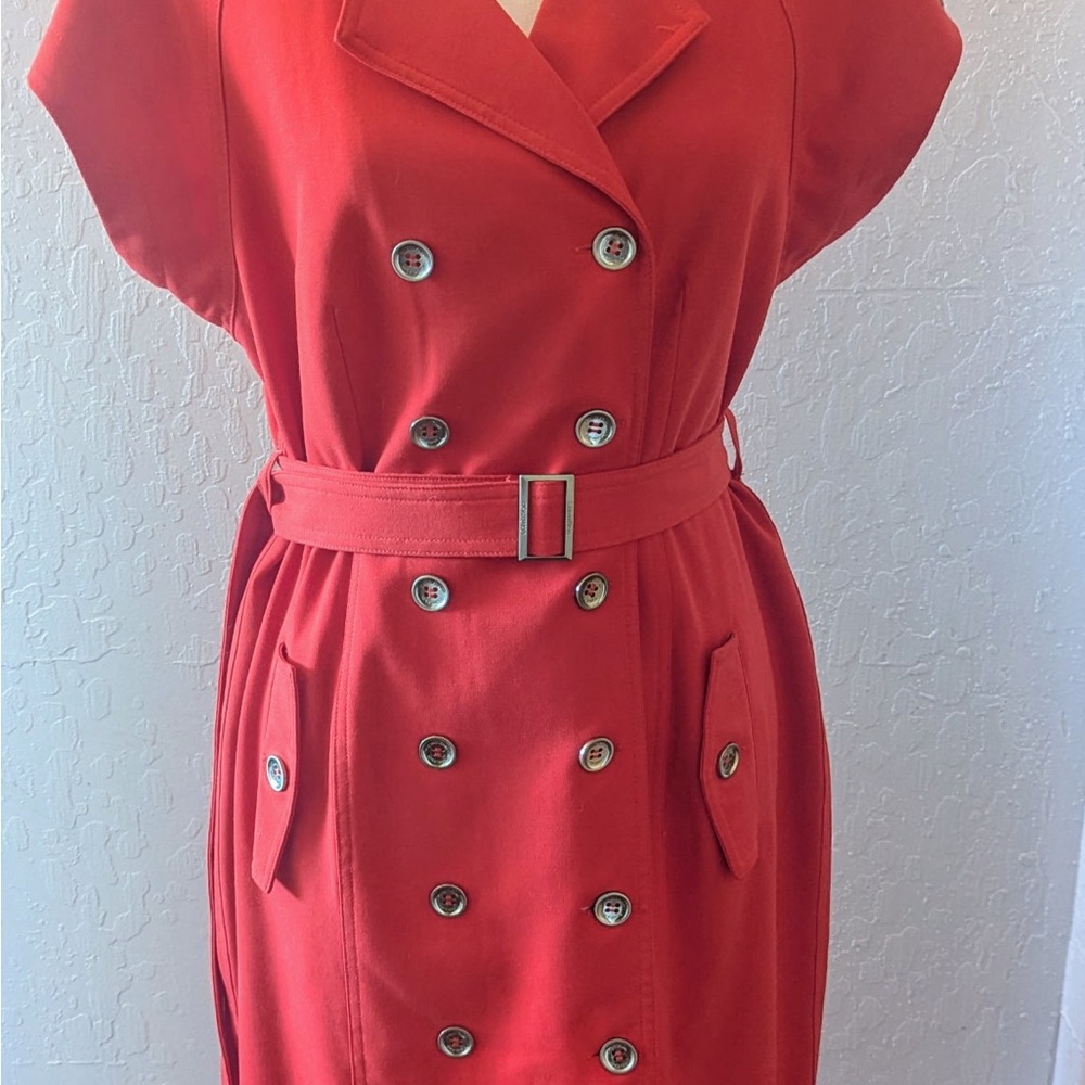 Calvin Klein Red Midi Sheath Dress with Notched Collar